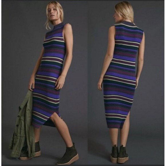 Anthropologie Dolan Anne Ribbed Knit Dress Medium M NEW NWT Purple Stripes - Picture 1 of 8